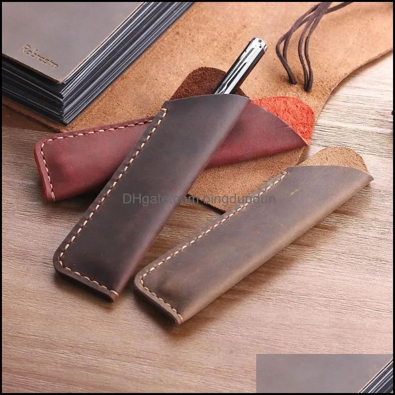 1pc genuine leather pen holder vintage fountain ballpoint pen bag portable double pencil case cute pencil pouch office bag1