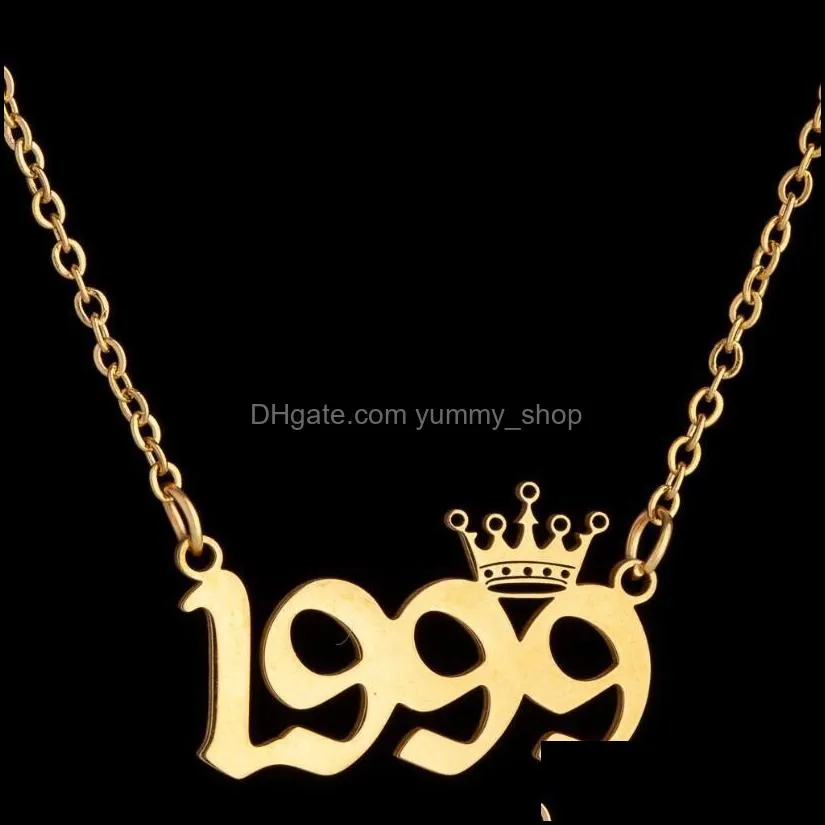 stainless steel crown birth year number necklaces custom name initial necklace pendants for women girls birthday jewelry special year