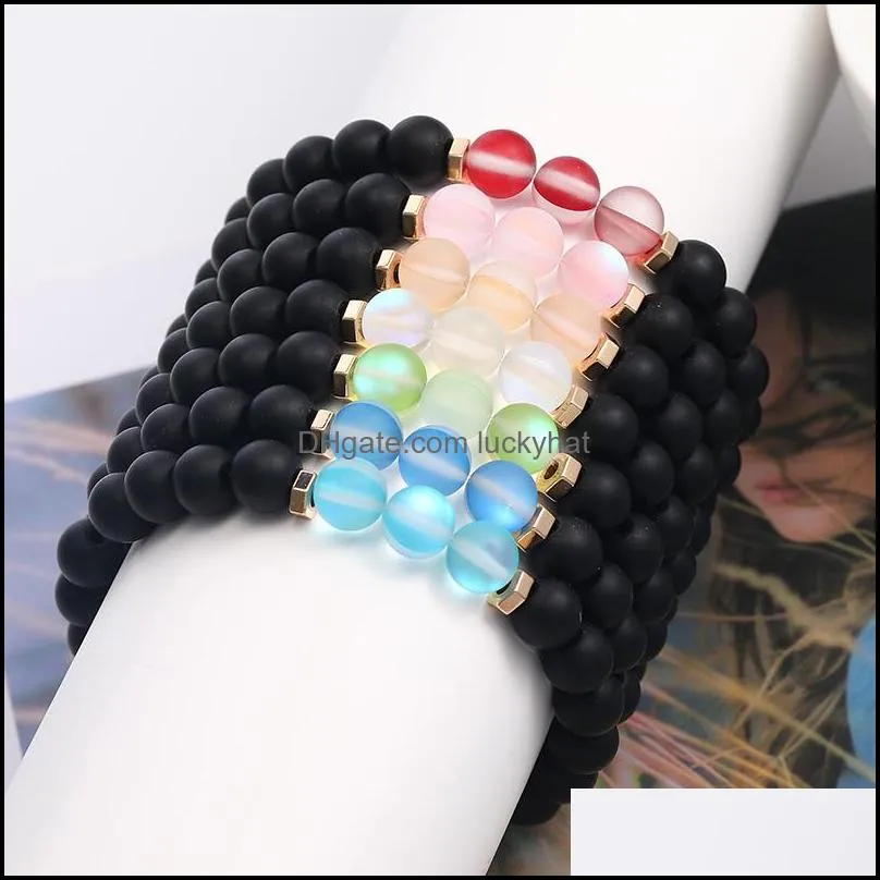 6mm fashion design crystal glass flash stone bead bracelet for women men colorful natural black matte agate stone ethnic bracelet