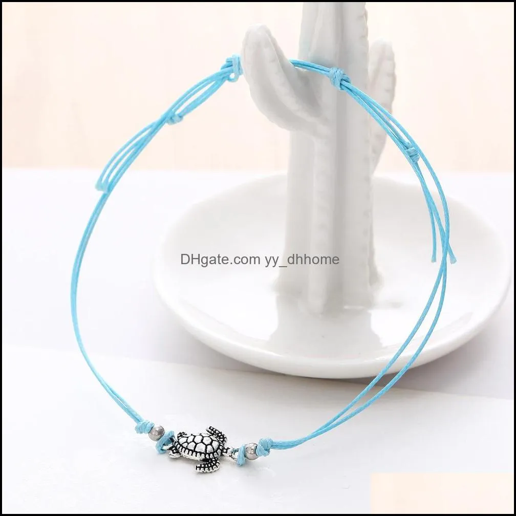  vintage sea turtle bracelet anklet white black blue 3 colors wax rope beach anklets for women bohemian jewelry wholesale