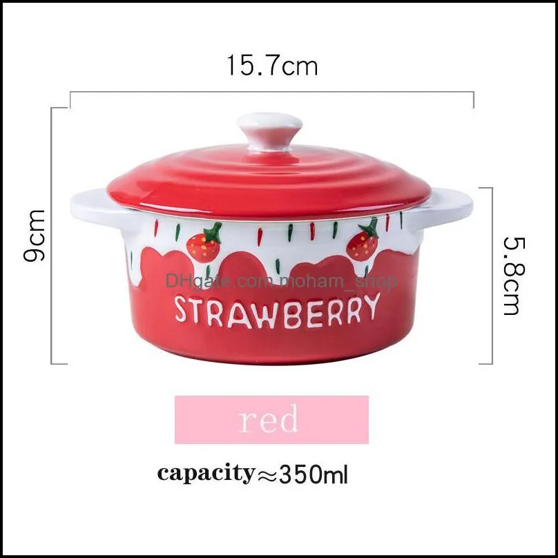 ceramic bowl with exquisite strawberry pattern steamed egg custard lid binaural childrens tableware bowls