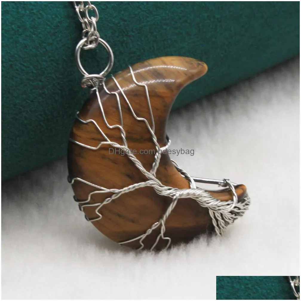 life tree moon stone pendant natural gemstone wire style for necklaces girls luck jewelry love wish gift