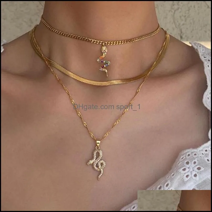 pendant necklaces punk multilayer gold plated long metal chain necklace choker rhinestone snake for women wedding jewelry gift 3401