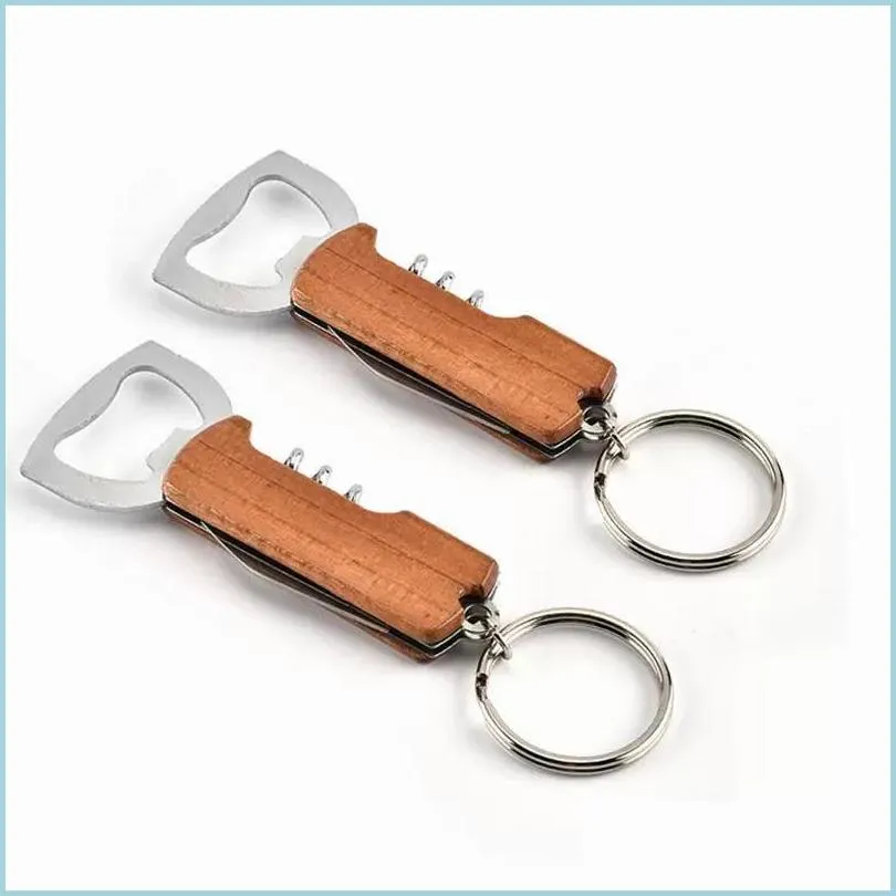 openers creative 3 in 1 keychain beer bottle opener stainless steel multifunctional wood handle screw corkscrew wine kitchen tool