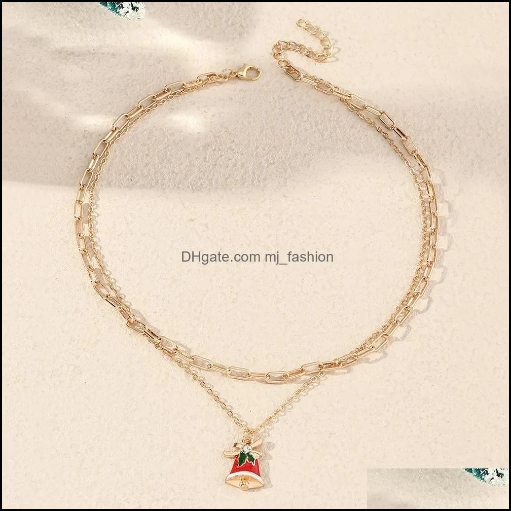  creative double layer chain necklace drop oil bell snowflake christmas necklaces for women holiday jewelry