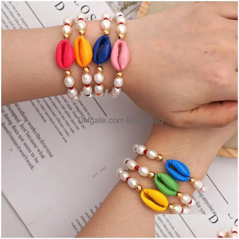 5pcs handmade freshwater cultured white rice pearl strand bracelet oval shape with colored shell charm stretched bangle for women jewelry love wish