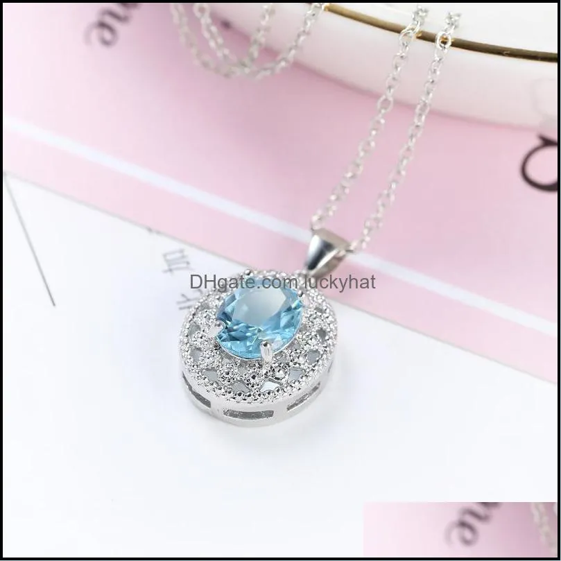  sterling silver blue crystal rhinestone pendant necklace simulated gemstone pendant necklace for women girls wholesale