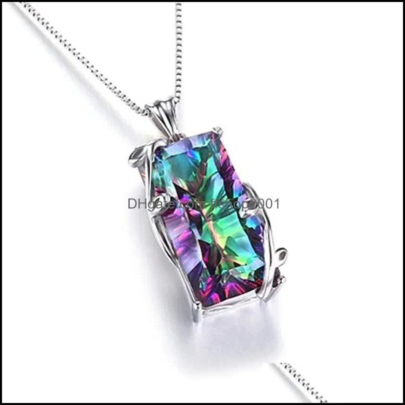 rainbow stone tree of life pendant necklace for women men long chain crystal glass leaves square necklaces statement jewelry