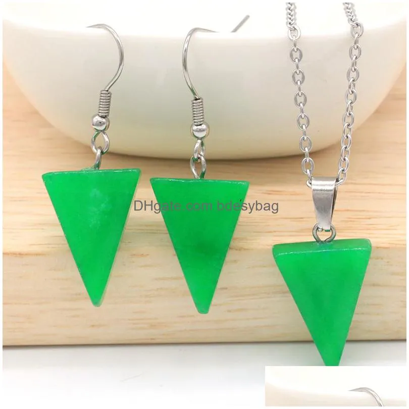 triangle shape gemstone pendant necklace earrings set natural crystal quartz healing point necklaces stone jewelry sets for women