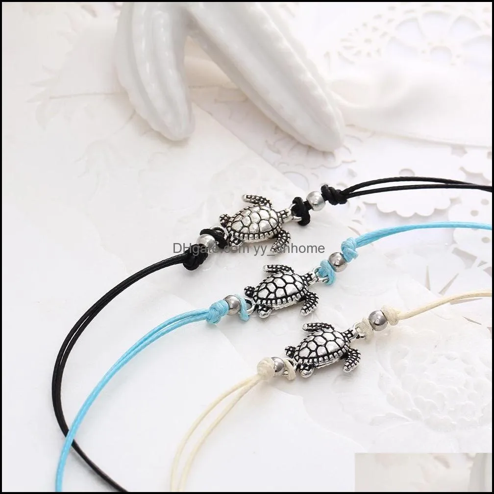  vintage sea turtle bracelet anklet white black blue 3 colors wax rope beach anklets for women bohemian jewelry wholesale