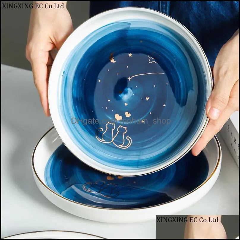bowls nordic style 9.5 inch round dinner plate starry sky bowl ceramic household 300ml cute creative tray tableware