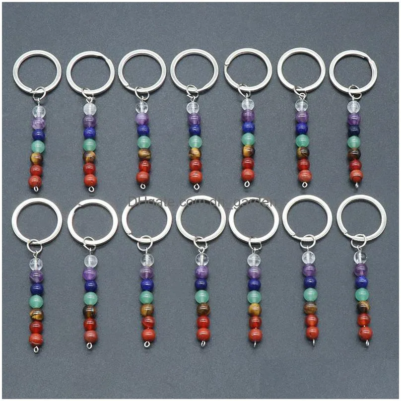 natural crystal key rings colorful 7 stone beads metal keychain jewelry bags pendant diy accessories wholesale