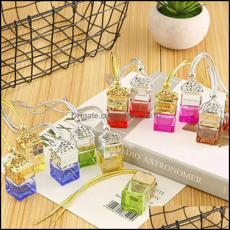 cube hollow car perfume bottle rearview ornament hanging air freshener for essential oils diffuser fragrance empty glass bottle