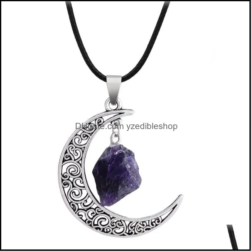 natural amethyst rose quartz crystal pendant necklace antique silver bronze galaxy moon pendants healing stone gift women jewelry 1945