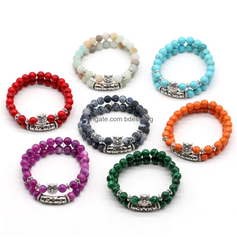 gemstone owl bracelets 2 layer natural stone crystal quartz turquoise beads bracelet charm bangles women jewelry gifts