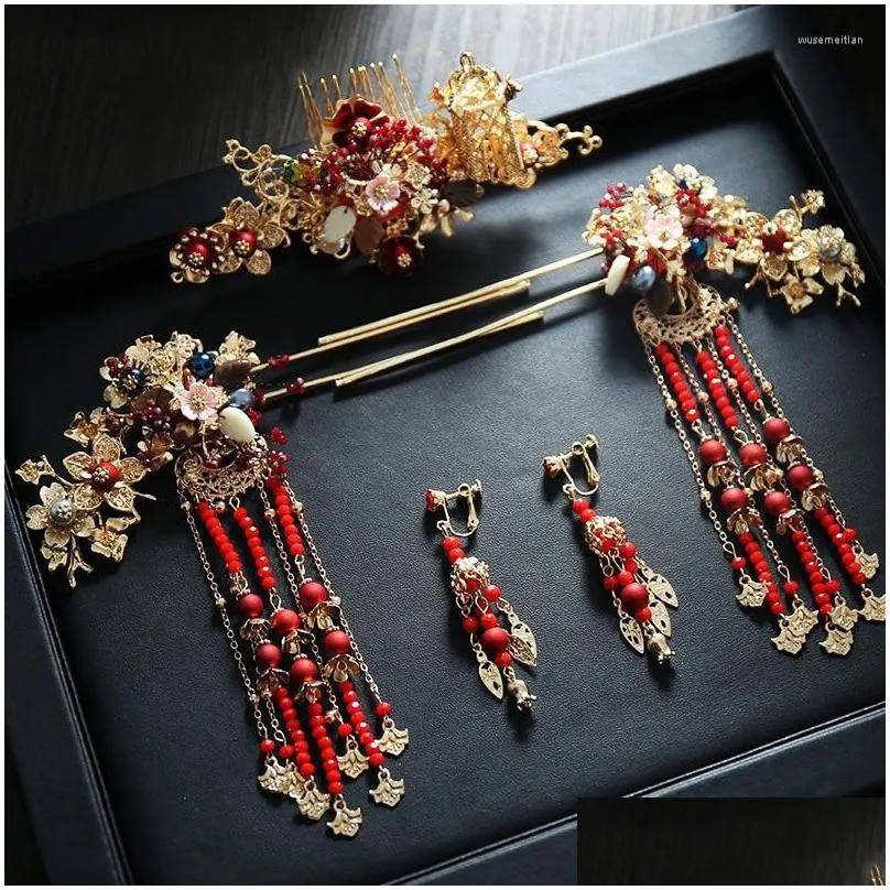 hair clips chinese red beads long hairpins comb earrings tiara simple atmosphere show step coronte wedding bride jewelry