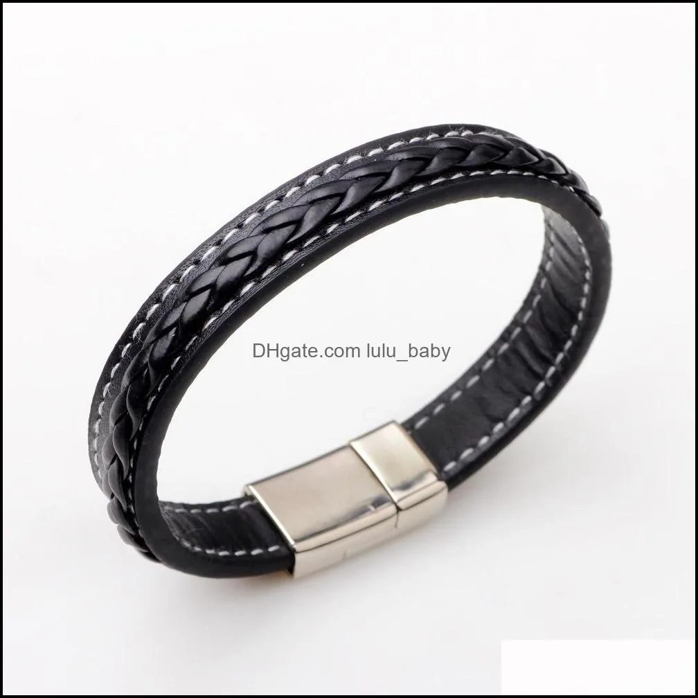 leather bracelet mens stainless steel black brown bangle male wristband stainless steel bracelet