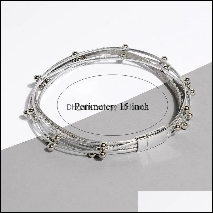 5 colors fashion shinning bead wrap pu leather bracelet bangle women design multilayer bracelet with magnetic clasp