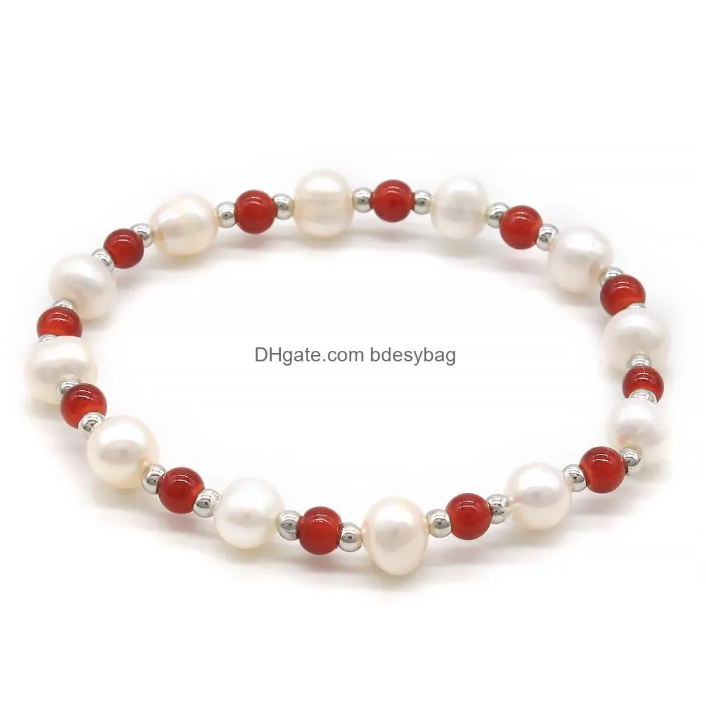 4mm mini stone bead strand gemstone bracelet with freshwater cultured white pearl beads bangles for women jewelry