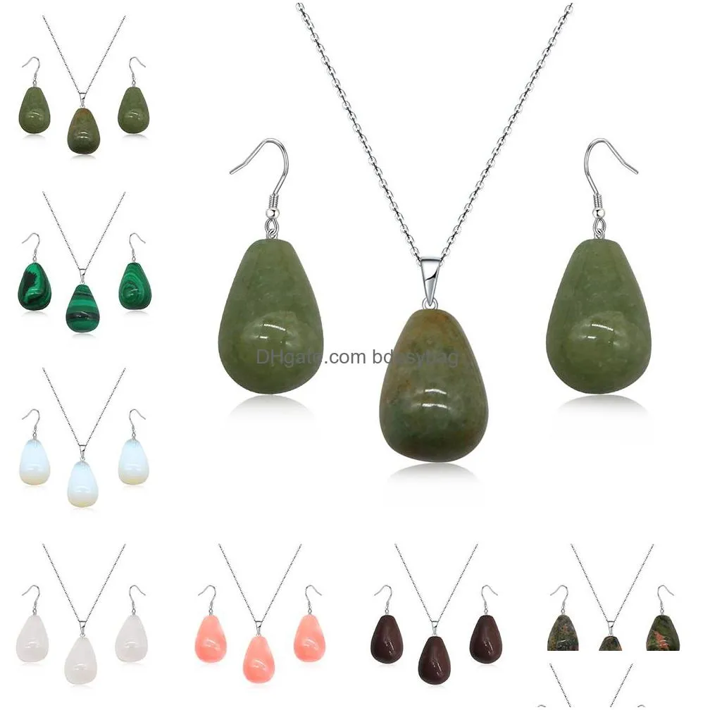 teardrop stone jewelry set natural gemstone pendant necklace and earrings for women gift love wish