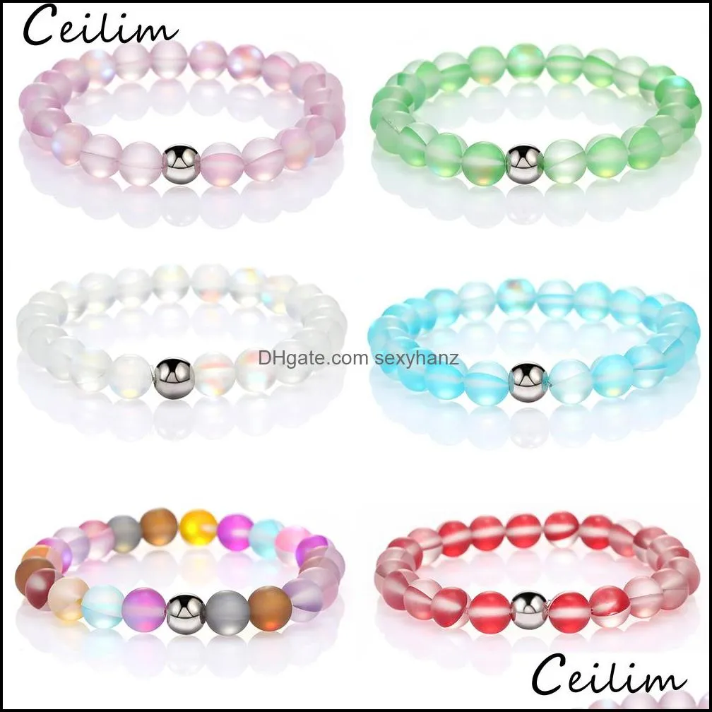 fashion design colorful glass crystal natural flash stone bead bracelet for women men 8mm dull polish frosted moonstone elastic