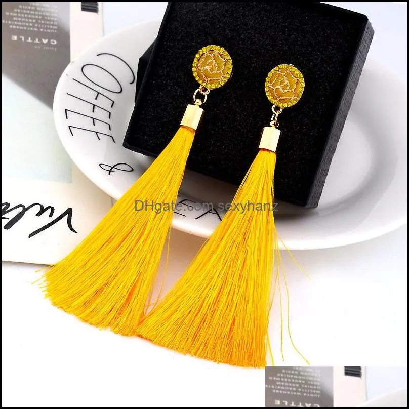 fashion handmade bohemia long tassel dangle earrings crystal rose flower pendant earrings for women girls gold plated jewelry gift