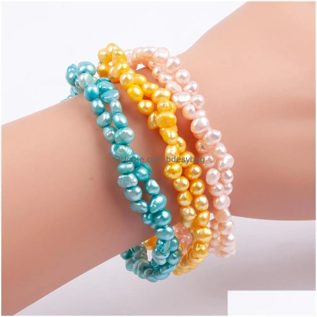 double layer freshwater pearl strand bracelet heart charm colored pearl beaded stretch bangle love wish for women jewelry party gift