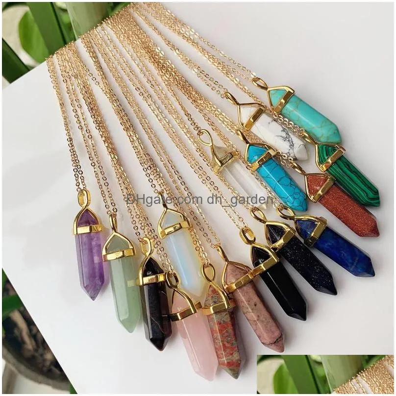reiki healing natural stone necklace chakra pendant hexagonal bullet amethyst pink purple crystal necklaces women jewelry
