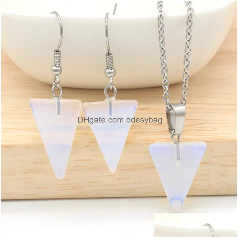 triangle shape gemstone pendant necklace earrings set natural crystal quartz healing point necklaces stone jewelry sets for women