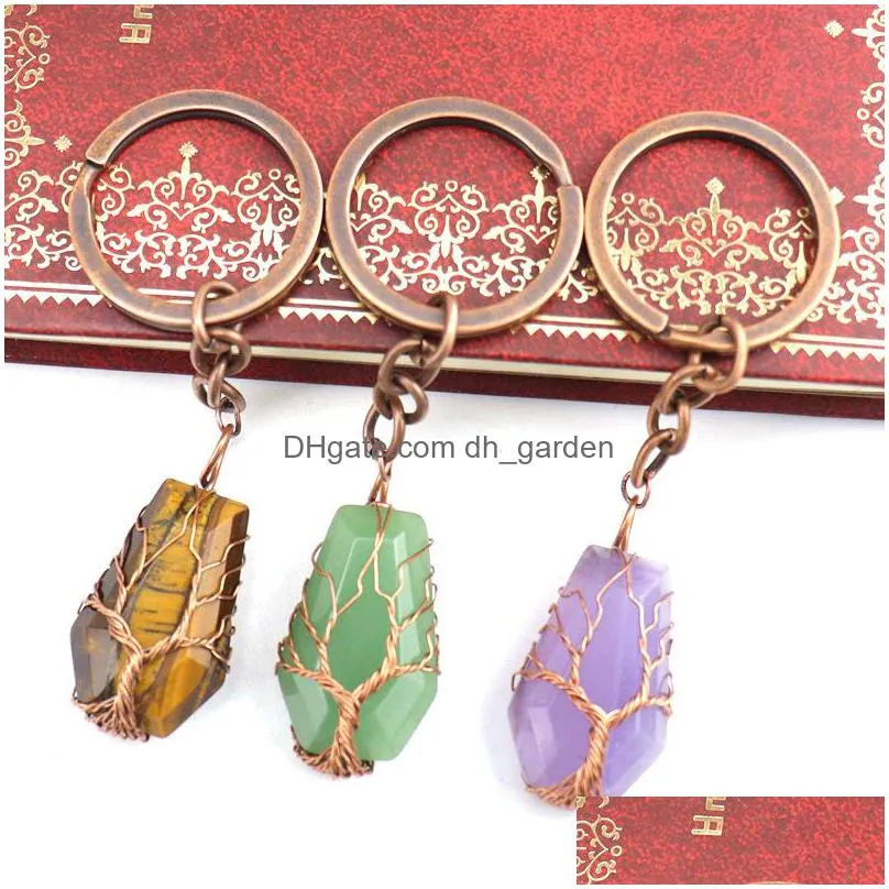 retro handmade tree of life key rings coffin shape reiki healing chakra quartz mineral tumbled gemstones keychain keys chain key ring