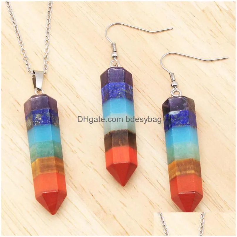 chakra bullet shape natural stone pendant necklace earrings set healing crystal rainbow gemstone jewelry sets for women