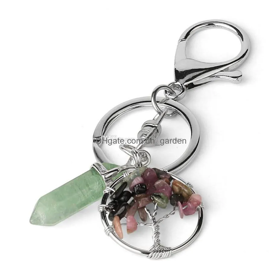 natural stone tree of life key rings green fluorite hexagonal prism keychains healing rose crystal car decor keyholder for women men
