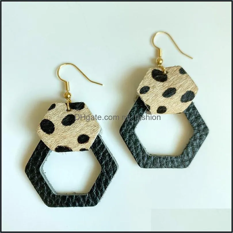 splicing wood genuine leather earrings for women horse hair leopard cow color round pendant dangle earrings fashion jewelry