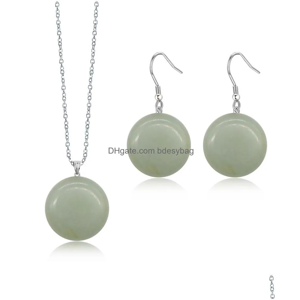 button round stone jewelry set natural gemstone pendant necklace and earring silver plated chain 18 inch for women