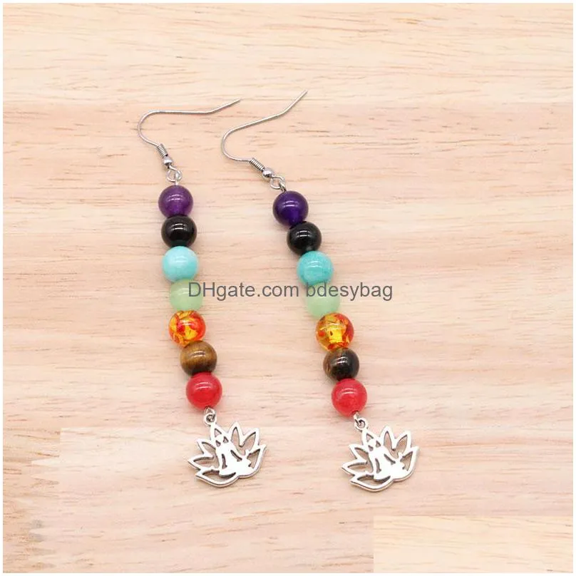 new 7 chakra long drop earrings for women natural stone beads reiki healing yoga earring ethnic casual jewelry wholesale