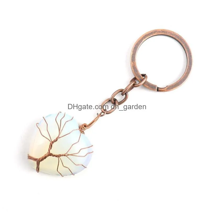 retro handmade tree of life key rings heart natural stone healing crystal quartz keychain keys chain key ring