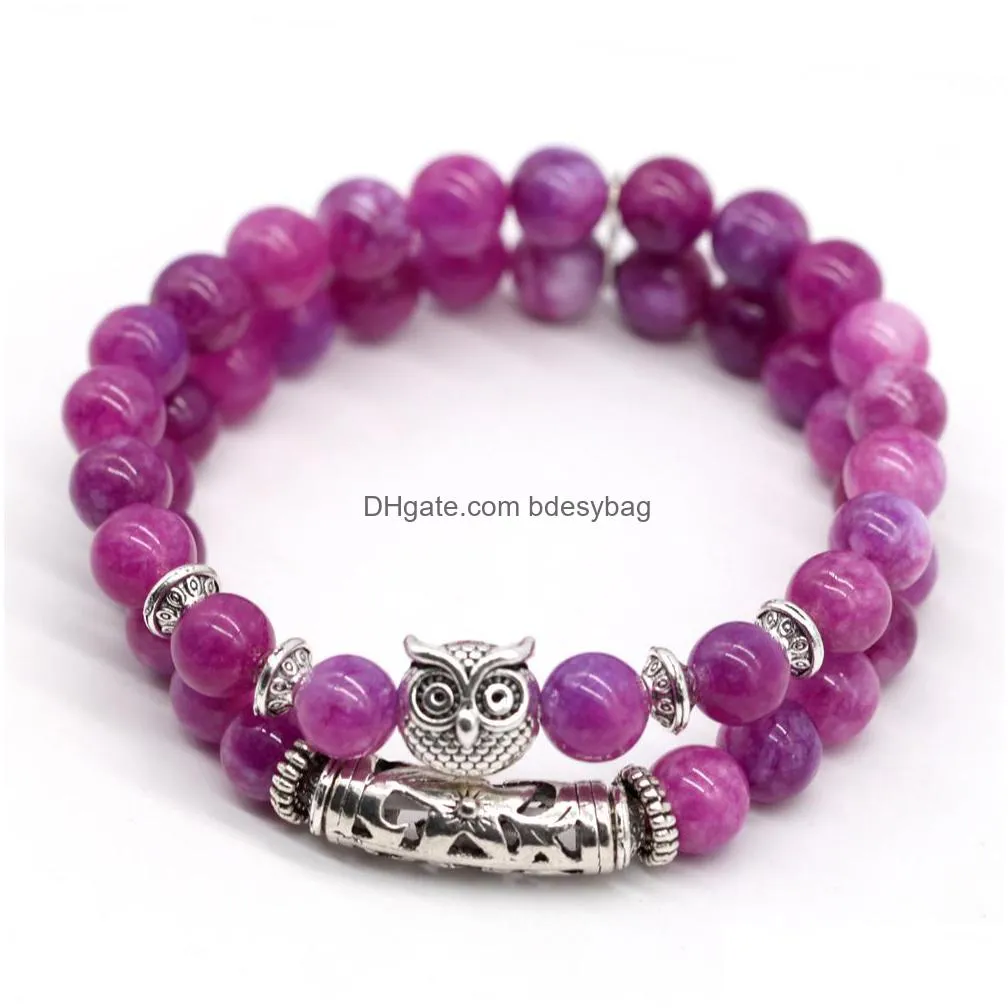 gemstone owl bracelets 2 layer natural stone crystal quartz turquoise beads bracelet charm bangles women jewelry gifts