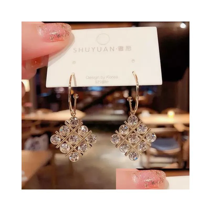 fashion jewelry s925 silver post earrings rhinstone square dangle earrings