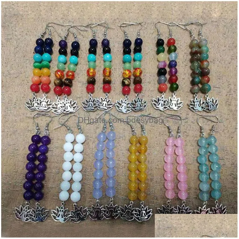 new 7 chakra long drop earrings for women natural stone beads reiki healing yoga earring ethnic casual jewelry wholesale