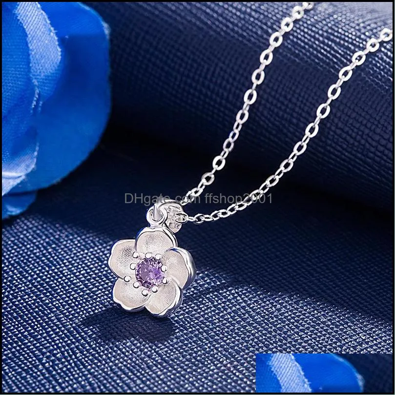  and simple cherry blossom necklace flower chain pink purple crystal pendant jewelry ladies necklace cute peach blossom pendant