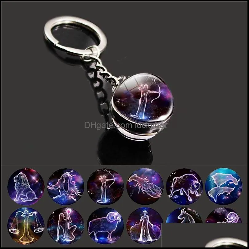 glow in the dark 12 constellation key rings zodiac signs picture double side cabochon glass ball keychain jewelry birthday gifts