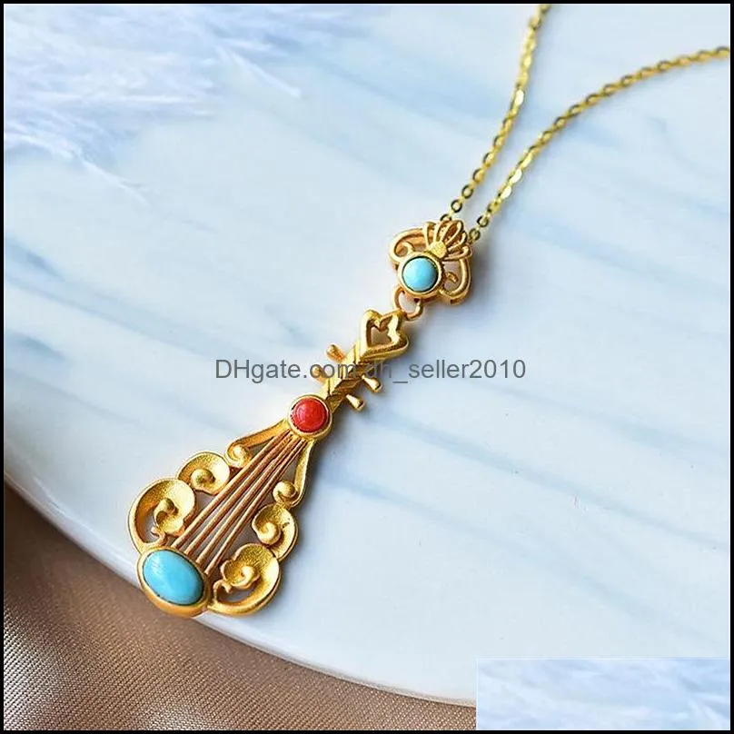 exquisite chinese charm crafts ladies jewelry accessories inlaid turquoise southern red personality pipa pendant temperament clavicle