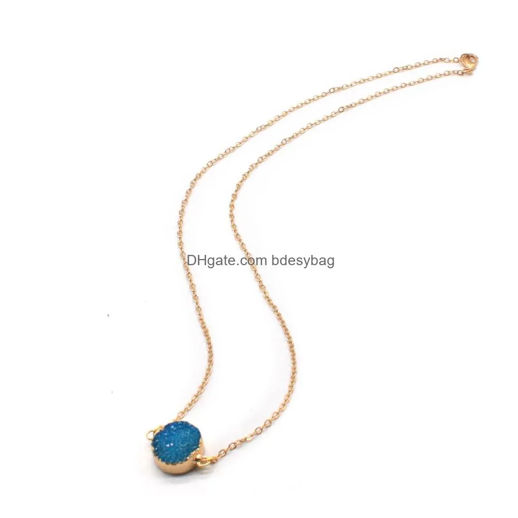 round and heart shape druzy stone pendant with gold plated chain 18 inch necklace women jewelry gifts