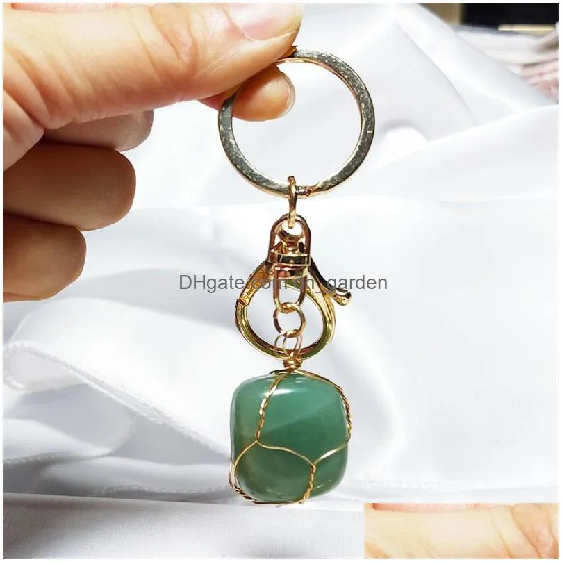natural crystal stone keychains gold wire wrap irregular amethyst quartz agates lanyards meditation energy key ring pendant jewelry