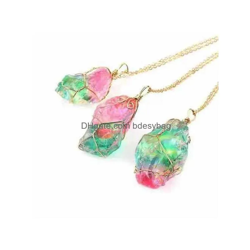 rainbow natural crystal stone pendant colored gemstone quartz pendants with gold plated wire necklace 18inch chain women jewelry gifts
