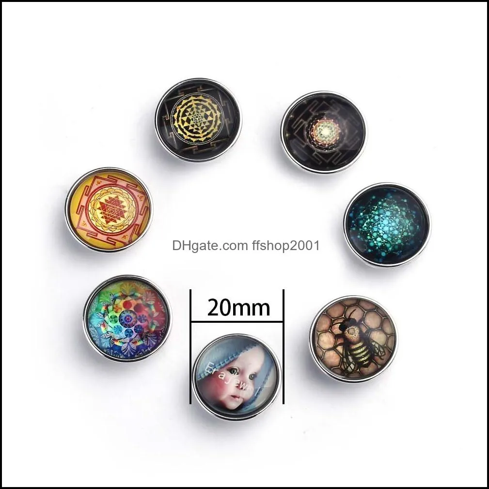 retro 20pcs/lot 20mm different flower glass snap button charm fit bracelet bee baby charms for jewelry making diy accessories