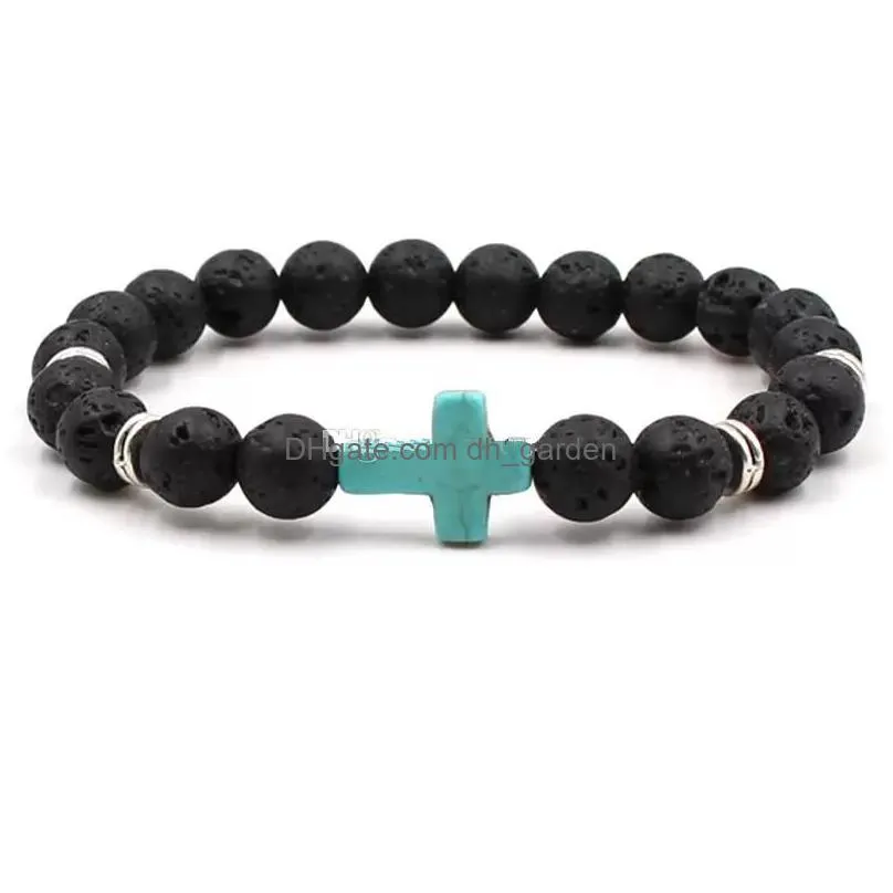 natural black lava stone cross elastic strand bracelet aromatherapy essential oil diffuser bangle fo men jewelry