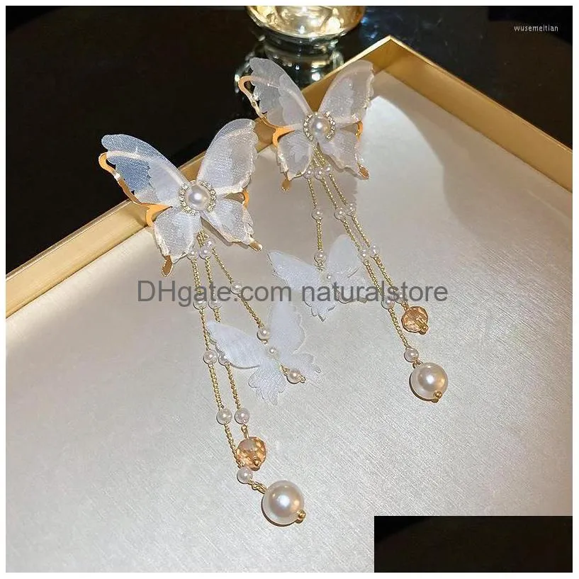 dangle earrings fyuan beautiful white cloth butterfly drop girls long tassel pearl party women jewelry