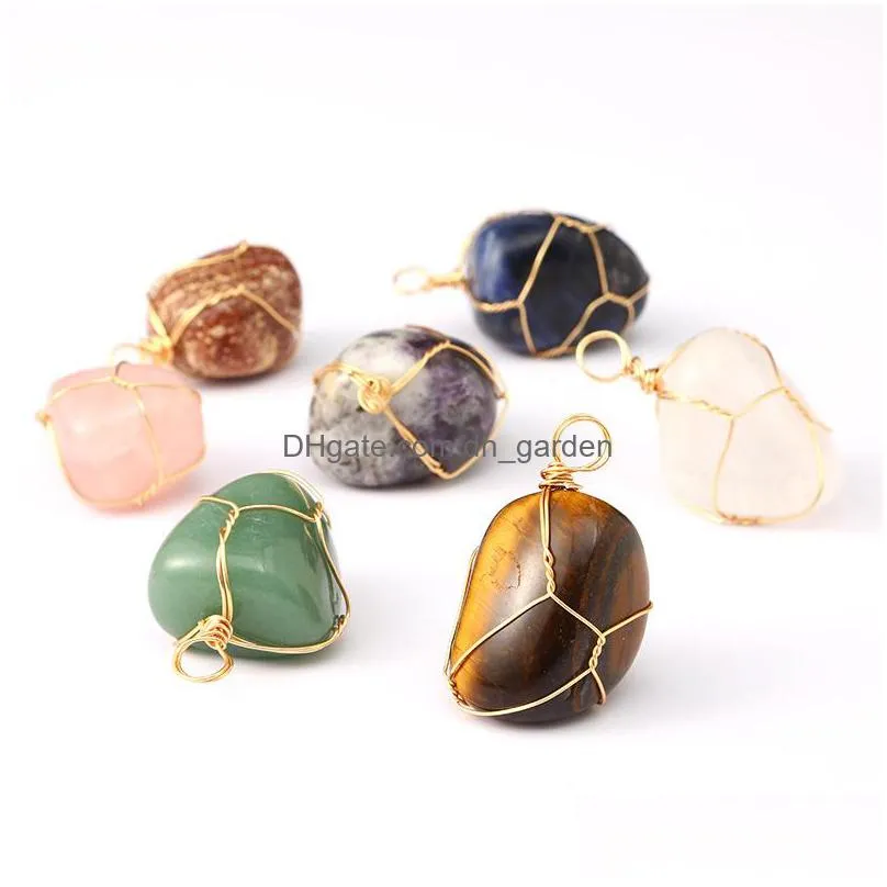 raw stone charms pendant gold wrap irregular rose quartz agate tiger eye beads crystal pendants for jewelry making necklace earrings