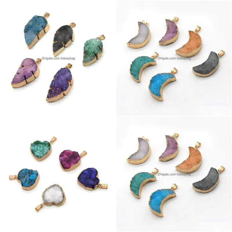 5pcs mixed natural stone pendant agate heart moon leaf shape gemstone pendants gold plated for necklace women jewelry gifts